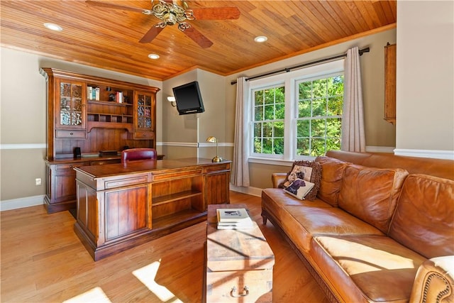 bar featuring wooden ceiling, crown molding, and light wood-style flooring