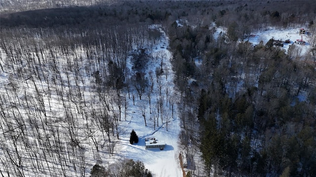 snowy aerial view with a wooded view