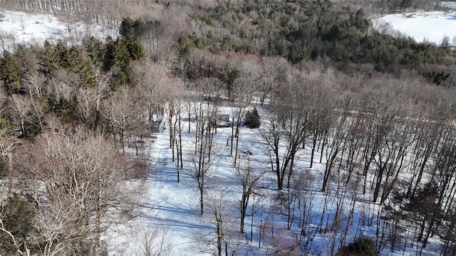 snowy aerial view featuring a forest view