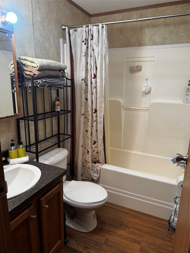 full bath featuring vanity, shower / bathtub combination with curtain, toilet, and wood finished floors