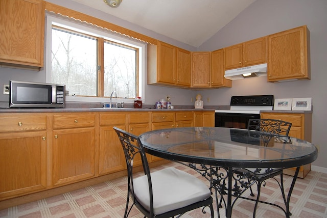 kitchen featuring stainless steel microwave, under cabinet range hood, light floors, lofted ceiling, and electric range oven