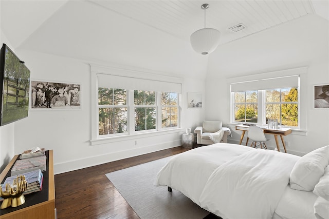 158 Norris Ln, Bridgehampton, NY 11932 - bedroom featuring multiple windows, dark wood-type flooring, and vaulted ceiling