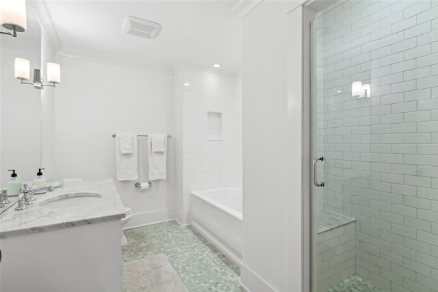 158 Norris Ln, Bridgehampton, NY 11932 - full bathroom featuring crown molding, vanity, plus walk in shower, and toilet
