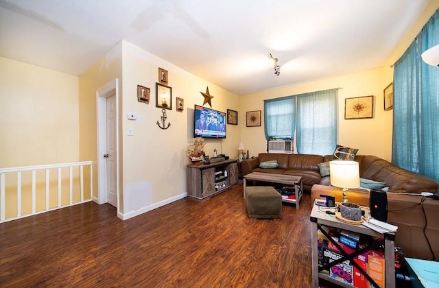 living room with cooling unit and dark wood-type flooring