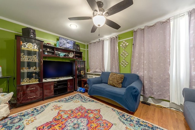 living area with ceiling fan, wood finished floors, and crown molding