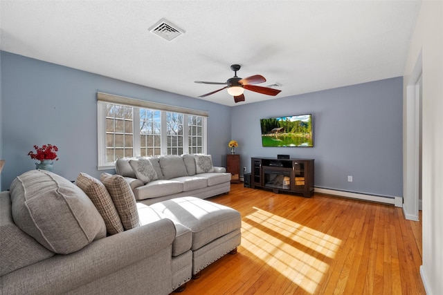 living room featuring light hardwood / wood-style flooring, ceiling fan, and a baseboard radiator