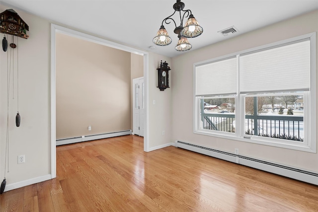 unfurnished dining area featuring light wood-style floors, baseboards, visible vents, and baseboard heating