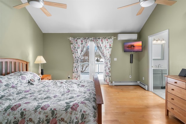 bedroom featuring access to exterior, light wood finished floors, lofted ceiling, a ceiling fan, and an AC wall unit