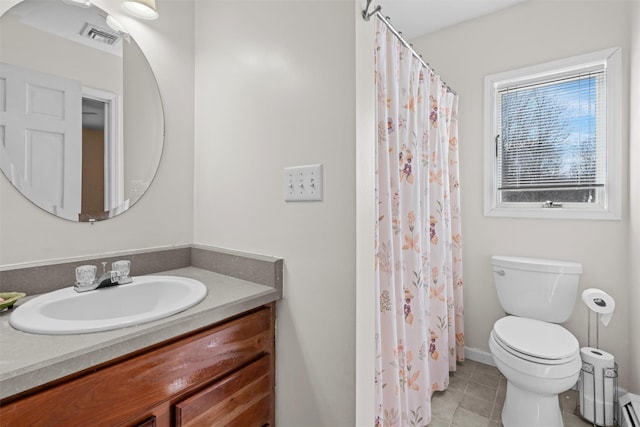 bathroom featuring a baseboard radiator, visible vents, toilet, vanity, and tile patterned flooring