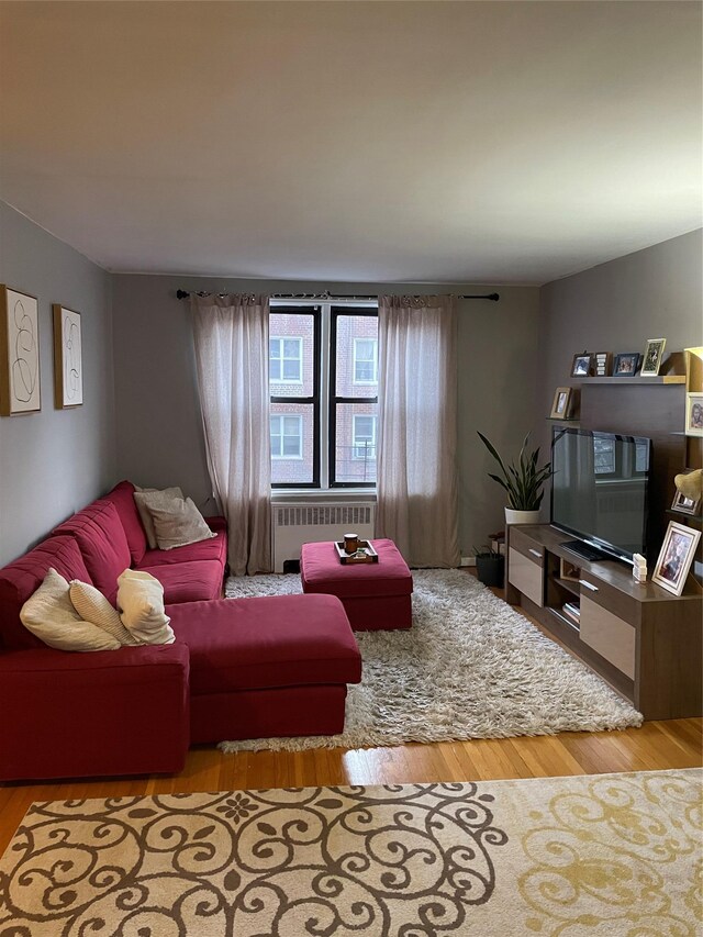 living room featuring radiator and wood finished floors