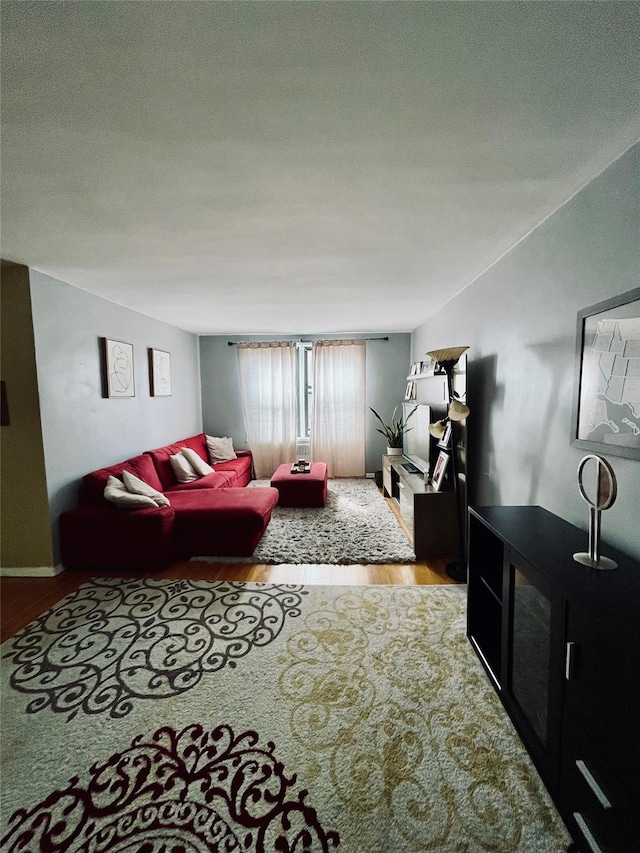 living room featuring wood finished floors and a textured ceiling