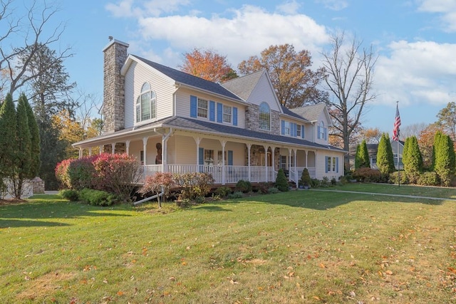 farmhouse-style home with a porch, a front yard, and a chimney