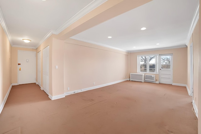 empty room with baseboards, ornamental molding, light carpet, recessed lighting, and a wall mounted AC