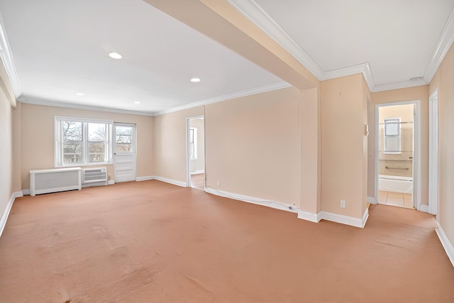 unfurnished room featuring recessed lighting, baseboards, light carpet, and crown molding