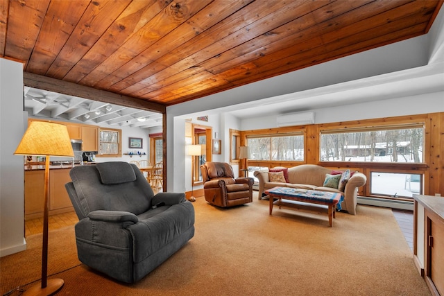 living room featuring light carpet, a wall mounted air conditioner, wood ceiling, and baseboards