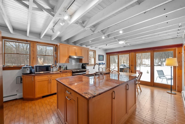 kitchen featuring under cabinet range hood, a sink, appliances with stainless steel finishes, baseboard heating, and a center island with sink