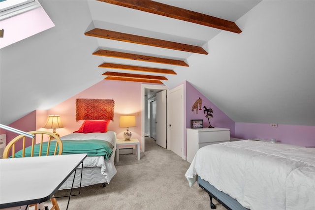 bedroom with vaulted ceiling with beams and carpet floors