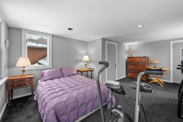 bedroom featuring recessed lighting, carpet flooring, and baseboards