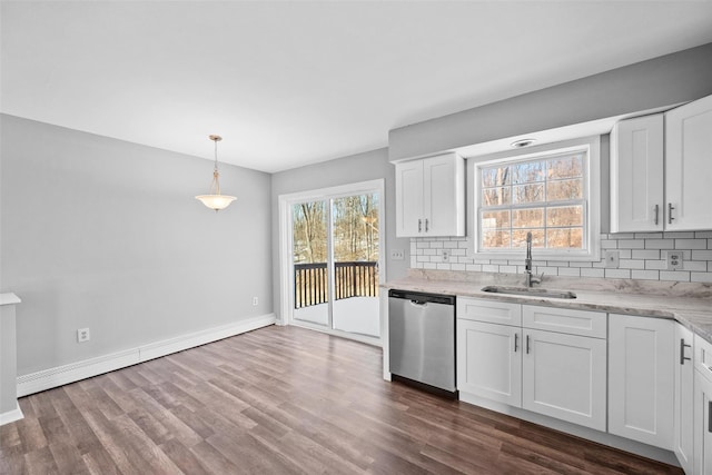 kitchen with sink, white cabinetry, dark hardwood / wood-style floors, decorative light fixtures, and stainless steel dishwasher