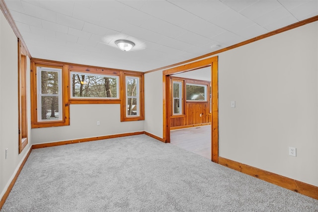 spare room with crown molding and light colored carpet