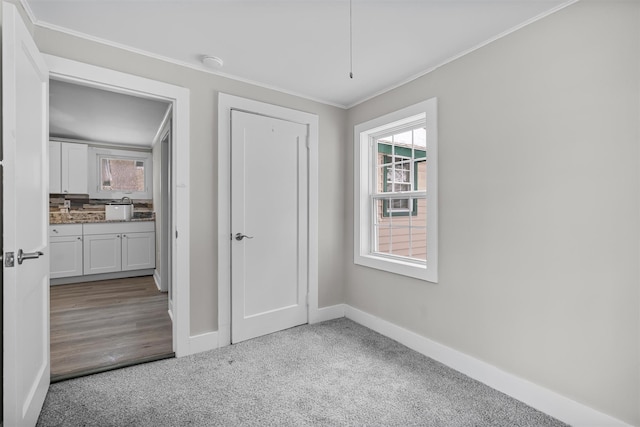 unfurnished bedroom featuring ornamental molding, sink, and carpet