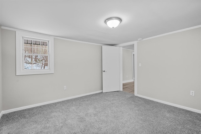 unfurnished room featuring crown molding and carpet floors