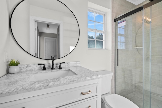 full bath featuring toilet, vanity, and a shower stall