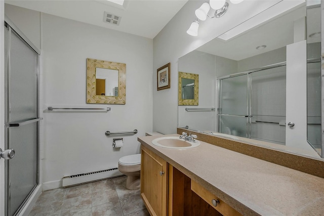 bathroom with a baseboard heating unit, a shower with shower door, visible vents, and toilet