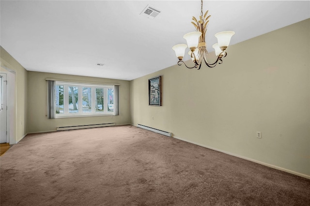 carpeted empty room featuring baseboards, baseboard heating, visible vents, and a notable chandelier