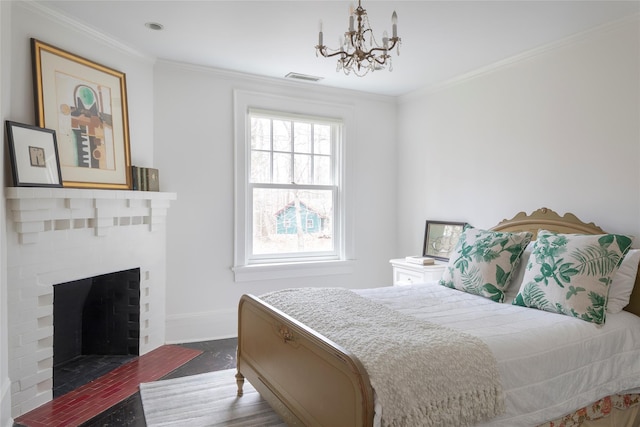 500 Hardscrabble Rd, Briarcliff Manor, NY 10510 - bedroom featuring an inviting chandelier, a fireplace, visible vents, baseboards, and ornamental molding