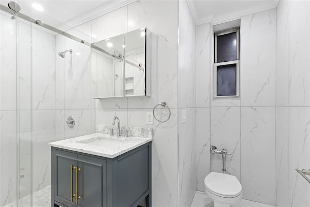 bathroom featuring toilet, tile walls, vanity, walk in shower, and crown molding