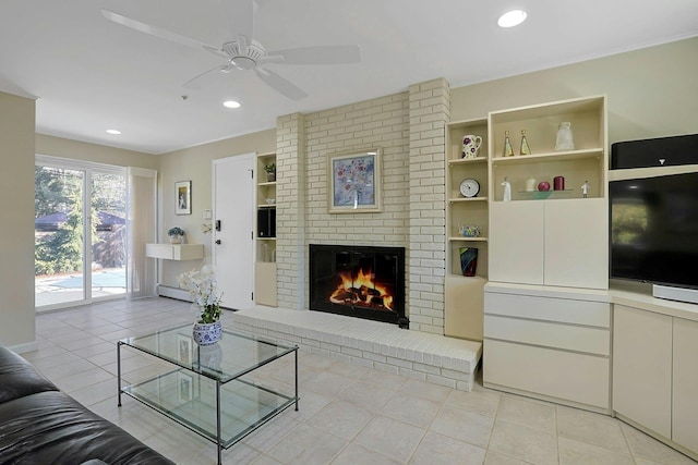 living room with light tile patterned floors, a fireplace, and recessed lighting