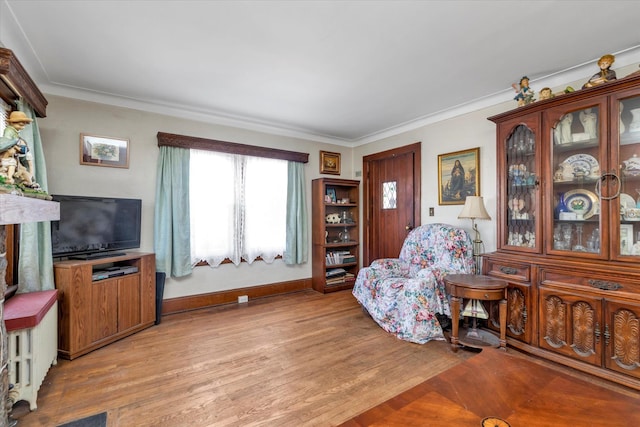 interior space with ornamental molding and light wood-type flooring