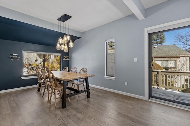 dining space featuring a wealth of natural light, a notable chandelier, baseboards, and wood finished floors