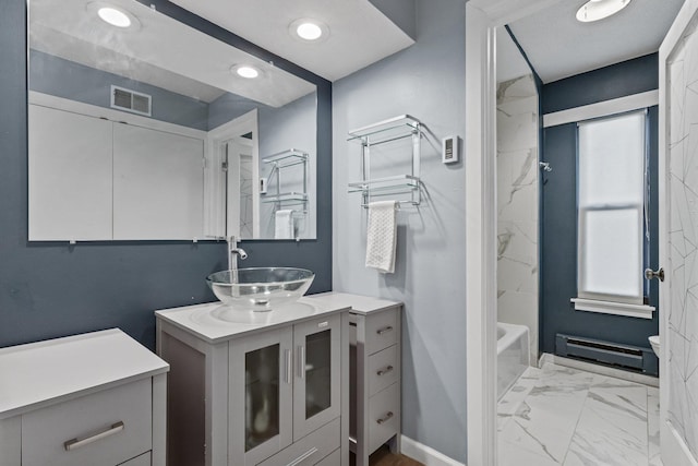 full bath with shower / bath combination, visible vents, marble finish floor, vanity, and recessed lighting