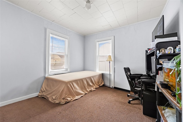 bedroom featuring carpet floors, ornamental molding, and multiple windows