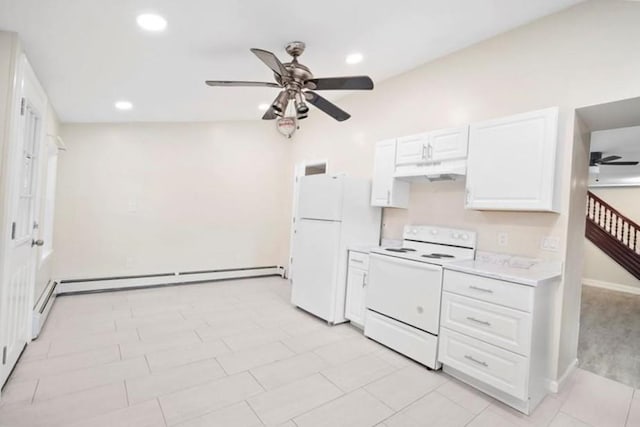 kitchen with light countertops, a baseboard heating unit, white cabinets, white appliances, and under cabinet range hood