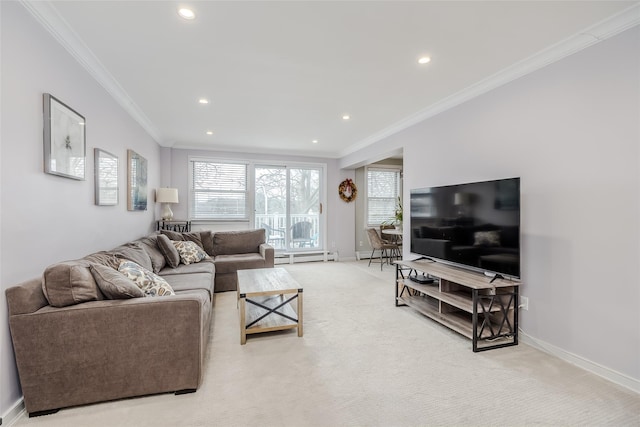 carpeted living room featuring crown molding and a baseboard heating unit