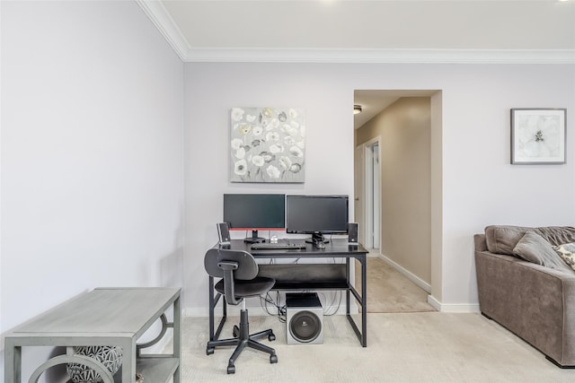 office area featuring light colored carpet and ornamental molding