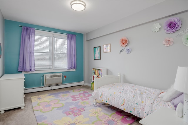 carpeted bedroom featuring a wall mounted AC and baseboard heating