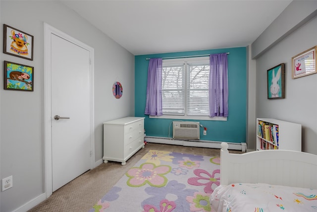 bedroom featuring a wall mounted air conditioner, light carpet, and a baseboard heating unit