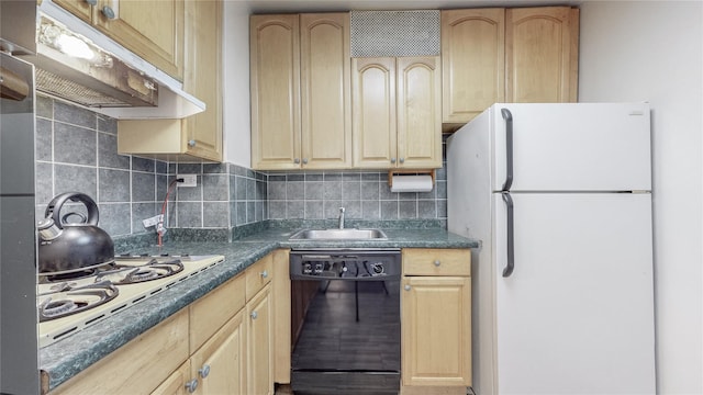 kitchen featuring white appliances, a sink, backsplash, and light brown cabinetry