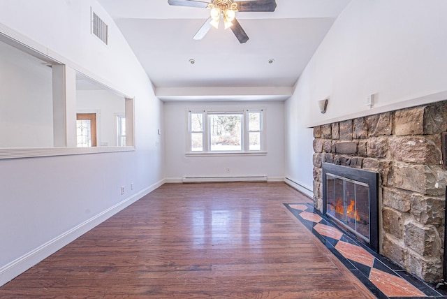 6 Mcgill Rd, Monroe, NY 10950 - unfurnished living room featuring a baseboard heating unit, a fireplace, dark hardwood / wood-style floors, and ceiling fan