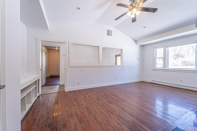 6 Mcgill Rd, Monroe, NY 10950 - unfurnished living room featuring a baseboard heating unit, vaulted ceiling, dark hardwood / wood-style floors, and ceiling fan