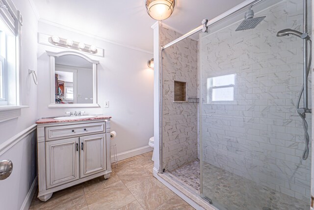 6 Mcgill Rd, Monroe, NY 10950 - bathroom featuring a shower with door, ornamental molding, vanity, and toilet