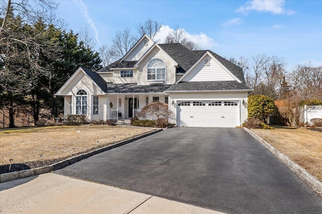 view of front facade featuring driveway, a garage, a front lawn, and a porch