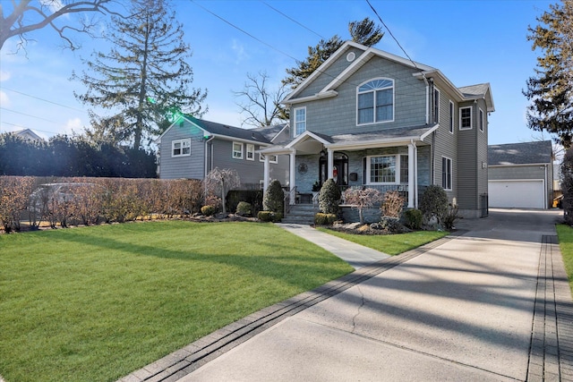 craftsman house featuring covered porch, stone siding, and a front yard