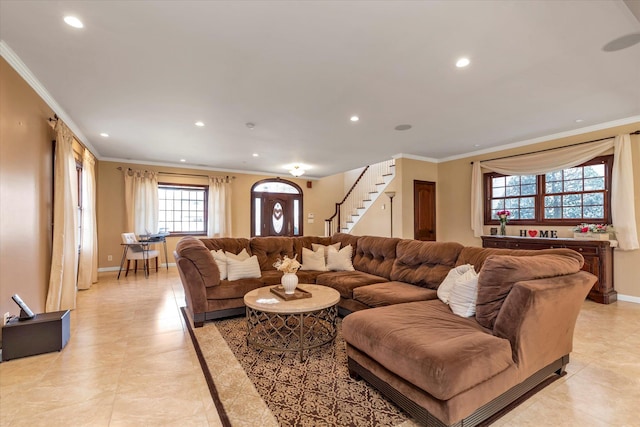 living room featuring recessed lighting, crown molding, stairway, and baseboards