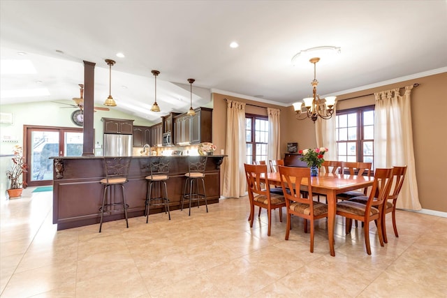 dining room featuring recessed lighting, an inviting chandelier, ornamental molding, vaulted ceiling, and baseboards