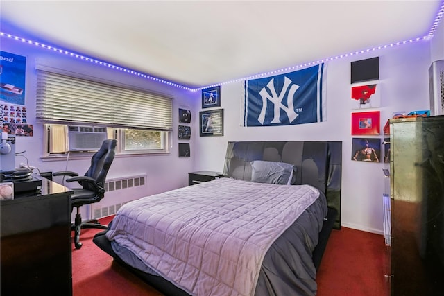 carpeted bedroom featuring radiator heating unit, baseboards, and cooling unit